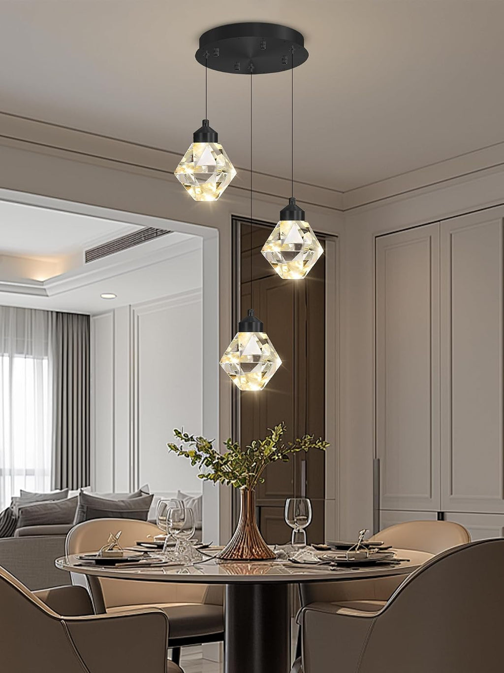 3-Lights Kitchen Island Pendant Lights Black Mini Chandeliers for Dining Room Crystal Pendant Lighting Ceiling Lights for Hallway Foyer Living Room