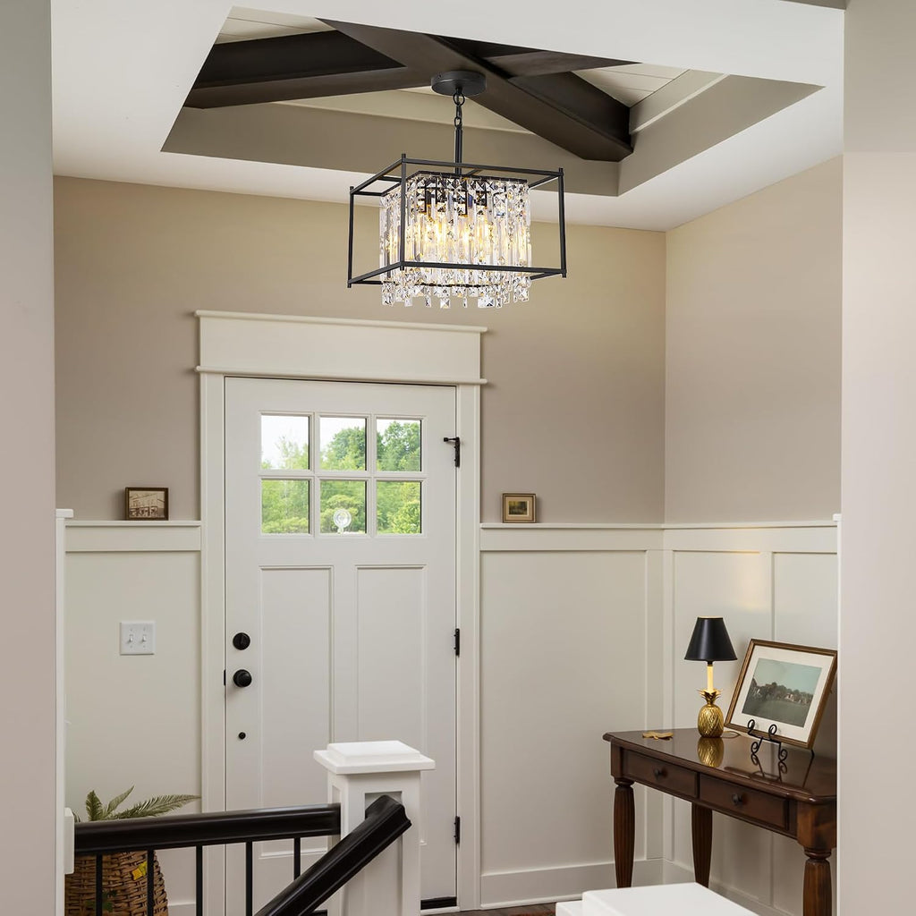 Miuyhji Black Chandeliers for Dining Room, Black Square Industrial Chandelier Crystal Pendant Light for Kitchen Island Dining Room Living Room Flat and Inclined Ceiling,L16 x W16 x H17.5