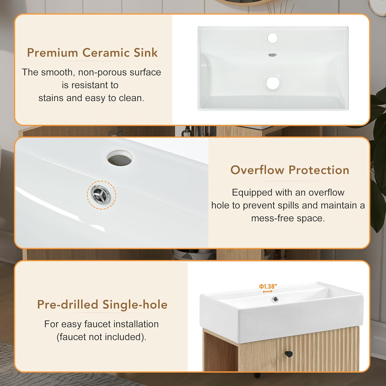 21.6-inch Bathroom Vanity with Sink Combo, Wall-Mounted Single Storage Cabinet with One Cabinet & Left 2-Tier Shelves, Wooden Vanity with Ceramic Basin for Bathroom, Wood