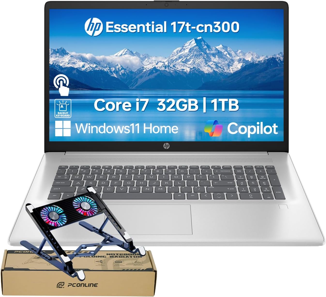 PCONLINE HP Essential 17 Laptop AI PC, 17.3' Touchscreen, Core i7-1355U (10 Cores, up to 5GHz Max Turbo), 32GB RAM, 1TB SSD, Backlit, FP Reader, Wi-Fi 6, Windows 11 Home, Silver