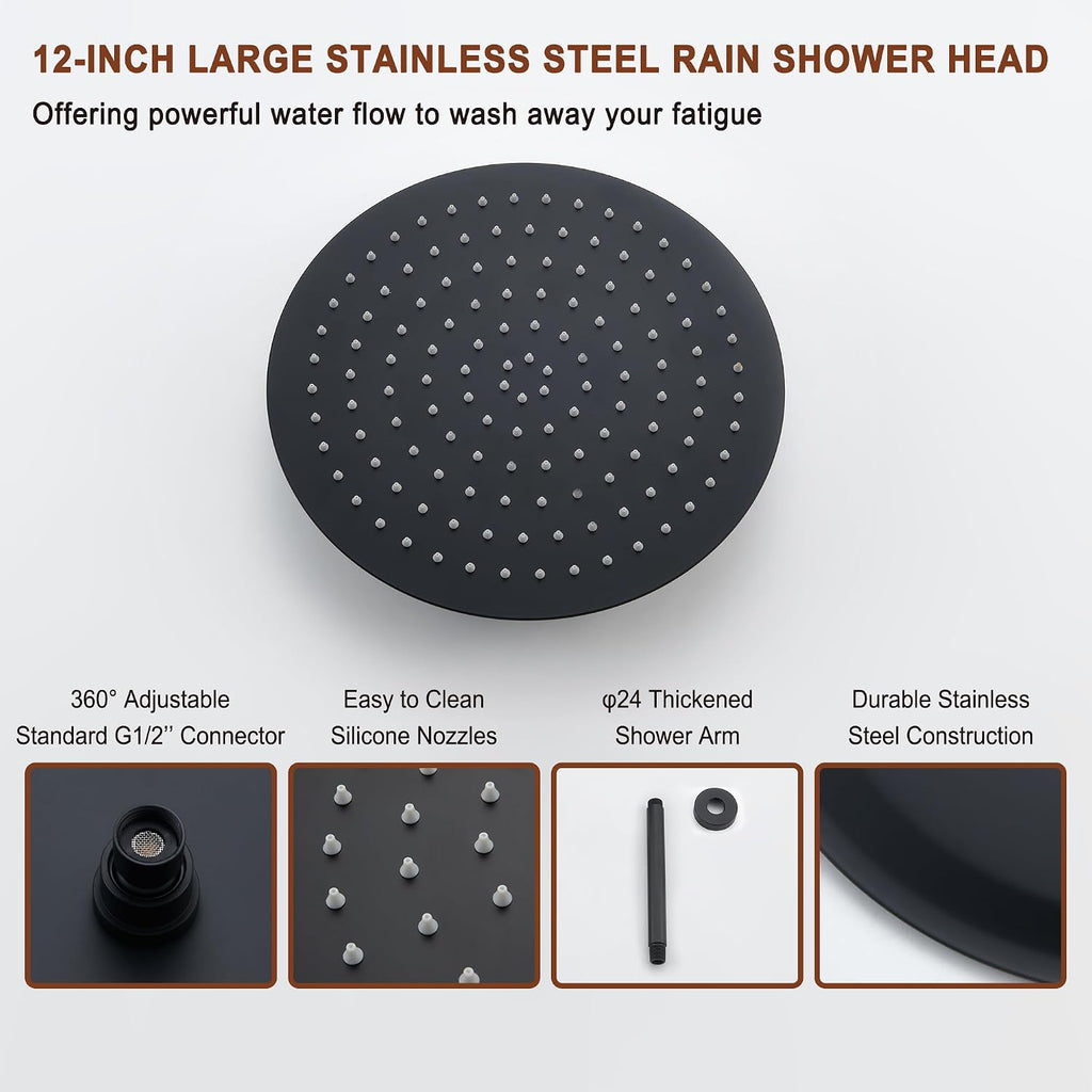 MONDAWE 12 Inch Ceiling Mounted Black Shower System, Dual Rainfall Shower Head & High Pressure Handheld Spray Combo, 3-Function Luxury Shower Faucet Set for Bathroom, All Functions Work Simultaneously