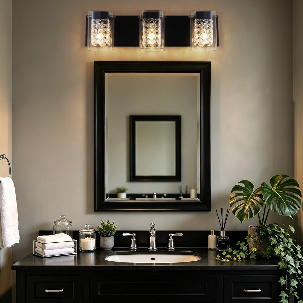 Modern Crystal Bathroom Light Fixtures, 3-Light Black Vanity Lights with Clear Shades, Bathroom Lighting Fixtures Over Mirror Wall Light for Living Room, Decoration,Bedroom（Exclude Bulb）