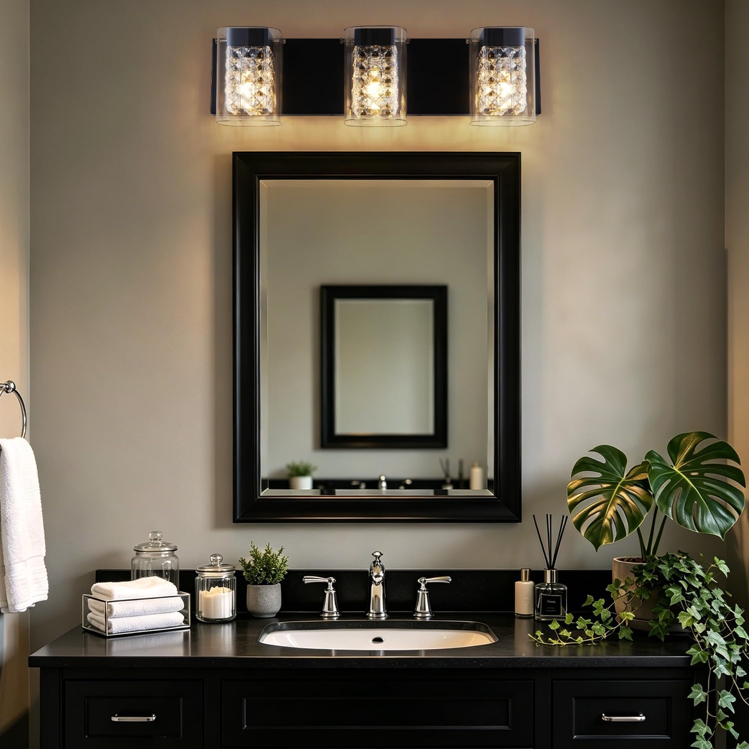 Modern Crystal Bathroom Light Fixtures, 3-Light Black Vanity Lights with Clear Shades, Bathroom Lighting Fixtures Over Mirror Wall Light for Living Room, Decoration,Bedroom（Exclude Bulb）