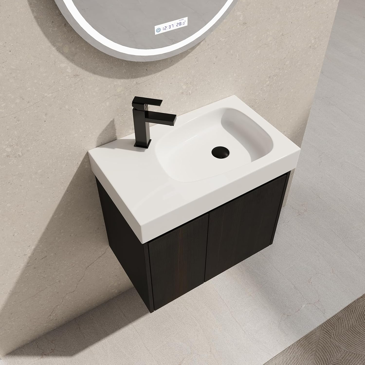 24' Floating Bathroom Vanity with Sink, Modern Wall Mounted Bathroom Cabinet with Undermount Resin Sink, Single Small Bathroom Vanities, Bathroom Storage Vanity Set with 2 Doors, Soft-Close, Black