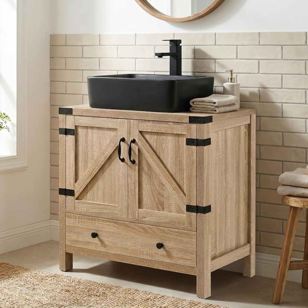 28 inch Natural Color Bathroom Vanity, Rustic Fixture Standing Pedestal Cabinet with Black Ceramic Vessel Sink