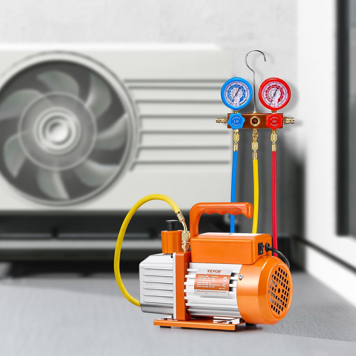 VEVOR 4.5 CFM AC Vacuum Pump and Gauge Set, Single Stage Rotary Vane HVAC Air Vacuum Pump, A/C Refrigerant Manifold Gauge Kit, with Leak Detector Hoses, for R134a, R12, R22, R502a, R410A, R404, R407C