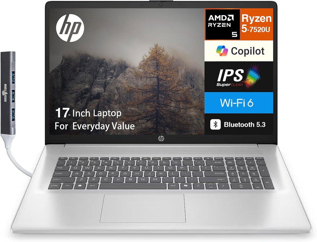HP 17 Everyday Value Laptop 17.3' IPS FHD Display (AMD Ryzen 5 7520U, 8GB LPDDR5, 1TB PCIe SSD, AMD Radeon, WiFi 6, Webcam, Bluetooth 5.3, Win 11 Pro) w/DKZ USB Port Expander