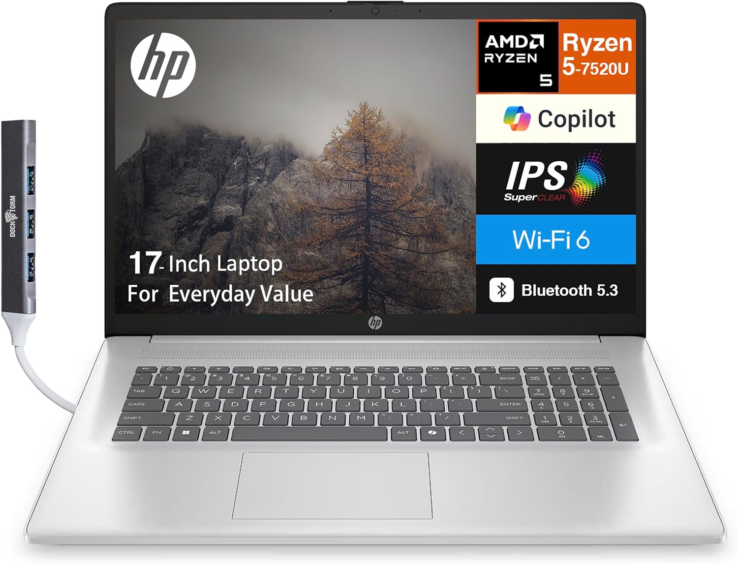 HP 17 Everyday Value Laptop 17.3' IPS FHD Display (AMD Ryzen 5 7520U, 8GB LPDDR5, 1TB PCIe SSD, AMD Radeon, WiFi 6, Webcam, Bluetooth 5.3, Win 11 Pro) w/DKZ USB Port Expander