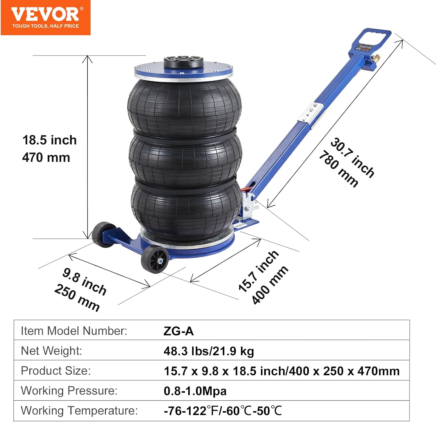 VEVOR Triple Bag Air Jack, 5 Ton/11000 lbs | Six Steel Pipes, Lift up to 18.5 inch/470 mm, 3-5 s Fast Lifting, Adjustable Handle, For Car, Garage, Repair