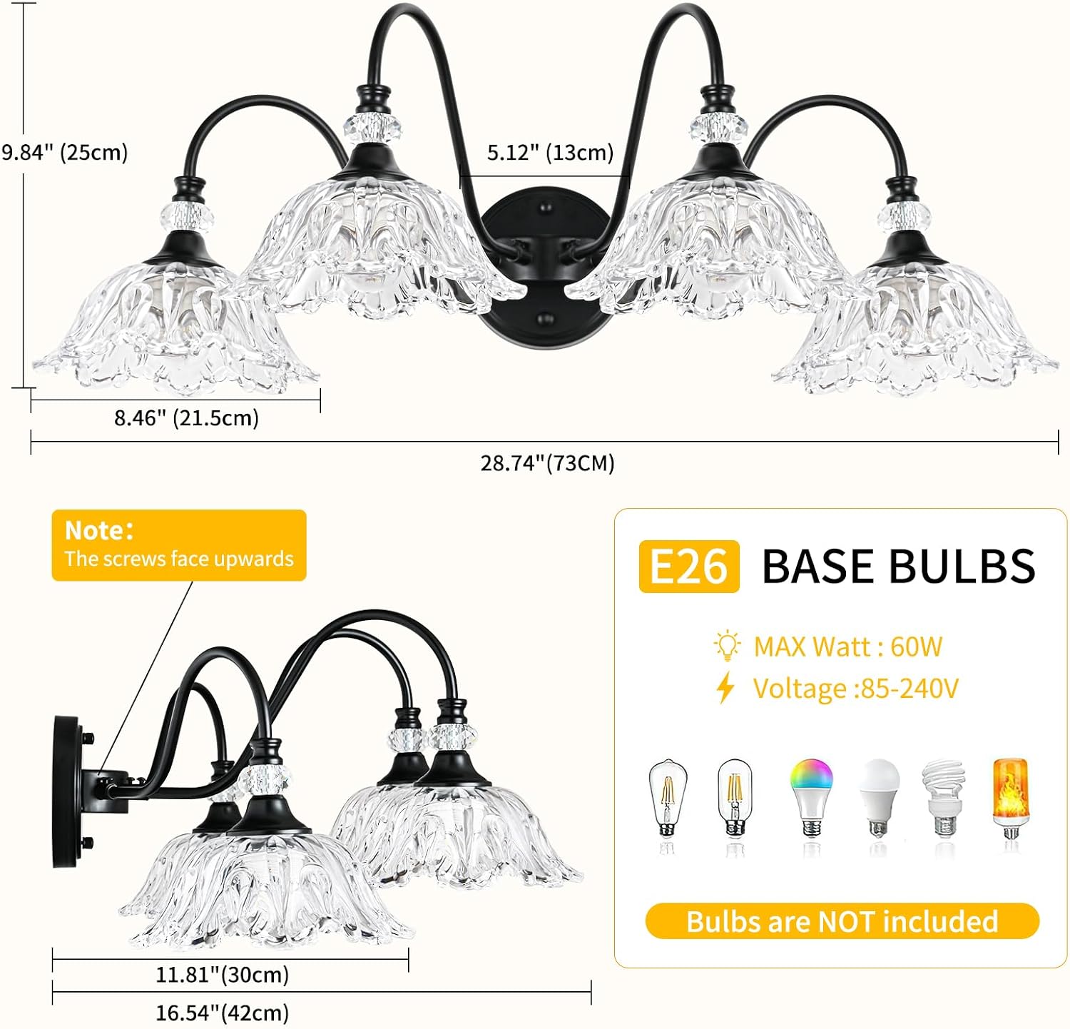 4-Light Matte Black Bathroom Vanity Light, Farmhouse Vanity Light with Floral Clear Glass Shades, Vintage Wall Mount Lighting for Bathroom