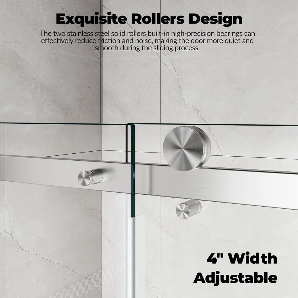 Sliding Shower Door 56–60 inch W× 76 inch H, Frameless Glass Shower Door with Square Stainless Steel Track and 55mm Rollers, 6mm Tempered Glass, Modern Sliding Shower Doors for Bathroom Remodeling