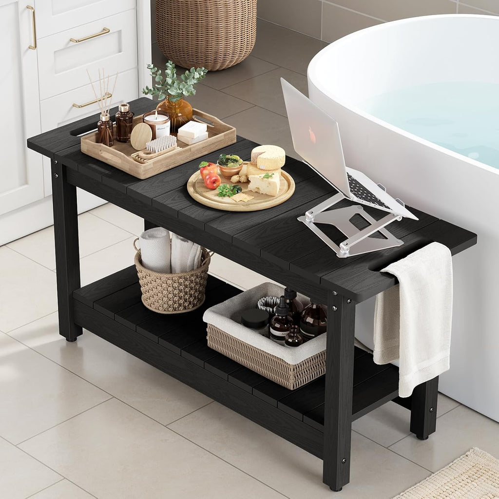 Stoog 35.5' Large Shower Bench, Waterproof Shower Stool with Storage Shelf and Handles, Adjustable and Non-Slip Feet, Shower Chair for Inside Shower, Black