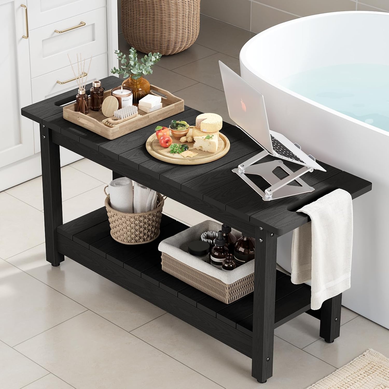Stoog 35.5' Large Shower Bench, Waterproof Shower Stool with Storage Shelf and Handles, Adjustable and Non-Slip Feet, Shower Chair for Inside Shower, Black