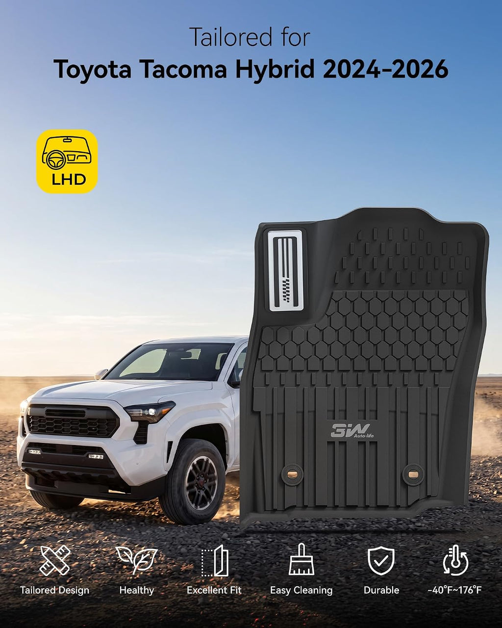 3W Floor Mats Fit for Toyota Tacoma Hybrid 2024 2025 2026 with Metal Pedals, TPE All Weather Custom Fit Floor Liner for Tacoma Accessories 1st and 2nd Row Full Set Car Mats Easy Clean, Black