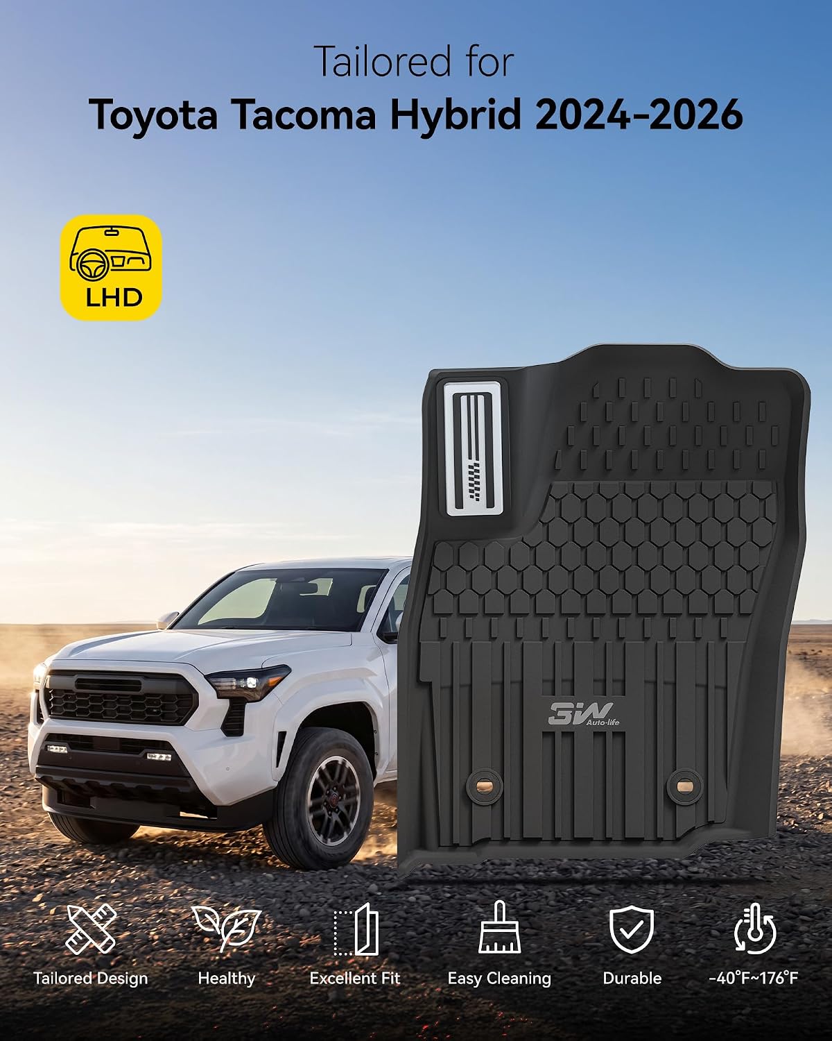 3W Floor Mats Fit for Toyota Tacoma Hybrid 2024 2025 2026 with Metal Pedals, TPE All Weather Custom Fit Floor Liner for Tacoma Accessories 1st and 2nd Row Full Set Car Mats Easy Clean, Black
