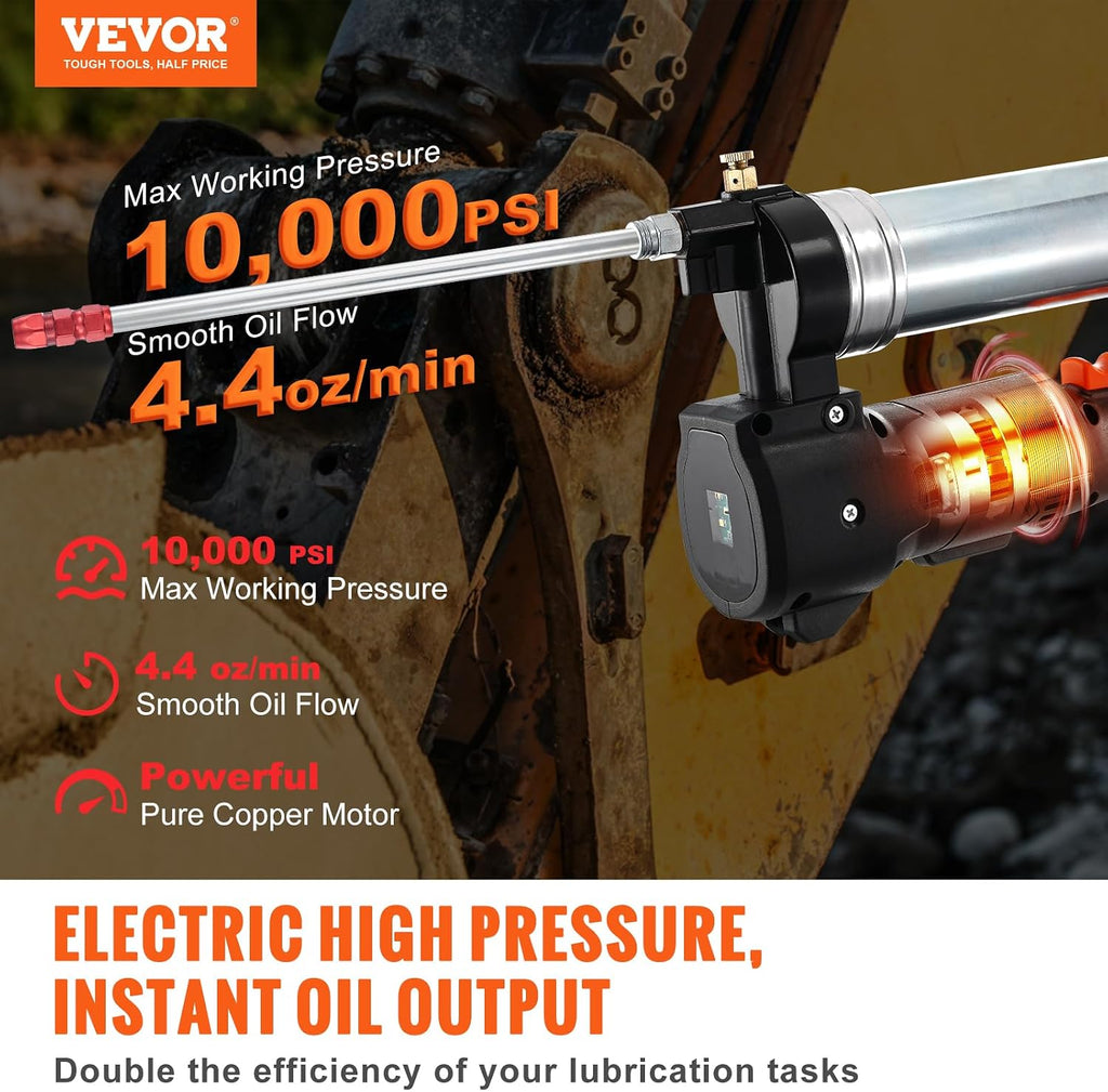 VEVOR Cordless Grease Gun, 20-Volt, 10,000 PSI, 39' Long Hose, Electric Grease Gun Kit Professional High Pressure Battery Powered Grease Gun with Carrying Case, Two Batteries & Charger Included, Black