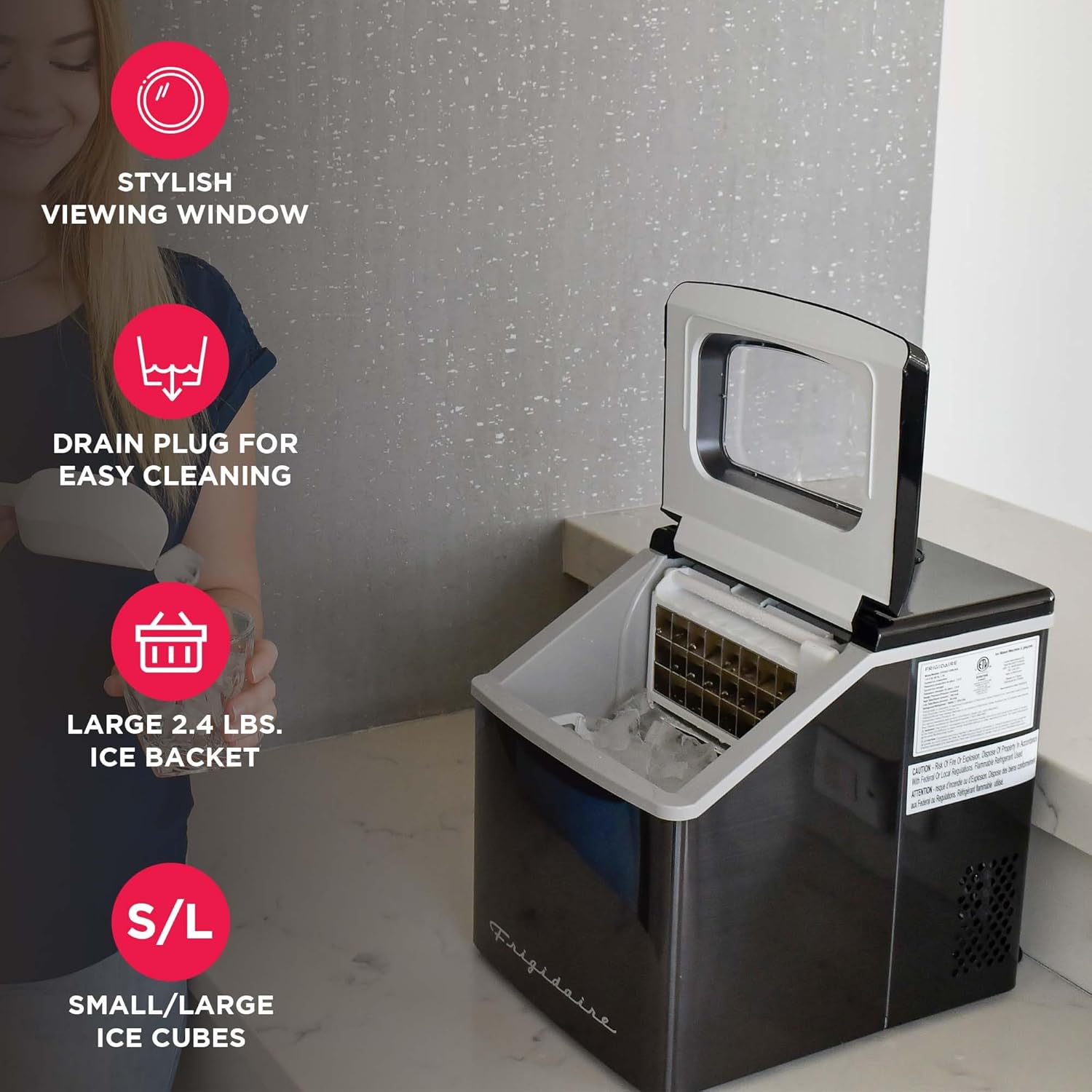 Frigidaire Ice Maker EFIC452, Countertop Stainless Steel Ice Maker with Transparent Window, Clear Ice Cube Maker with 40 lbs. Capacity, Ice Maker Machine – 14.8' D x 11' W x 14.1' H (Black)
