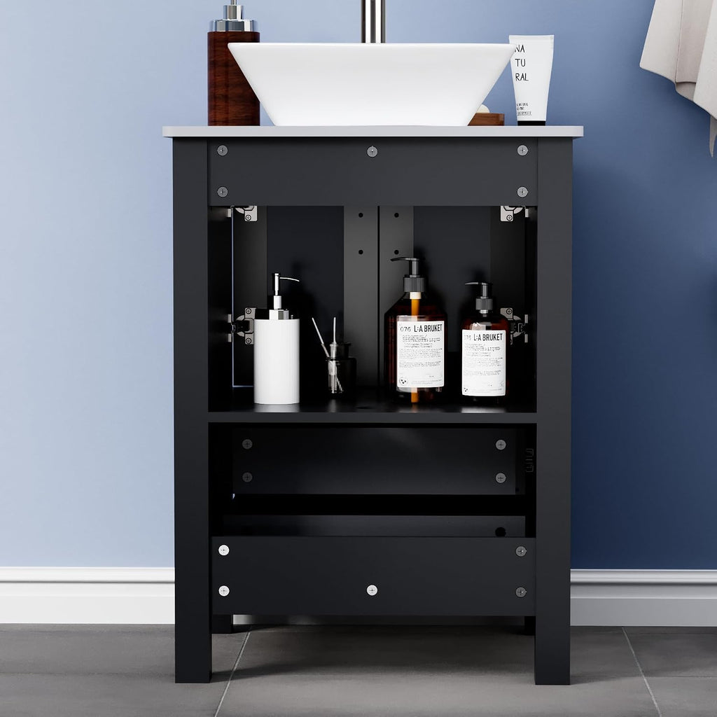 UEV 24' Black Bathroom Vanity with Ceramic Vessel Sink, Modern Bathroom Vanity Cabinet, Pop Up Drain and 30% Water-Saving Design, Faucet, Soft Closing Drawers/Doors, Mirror Not Included(A07)