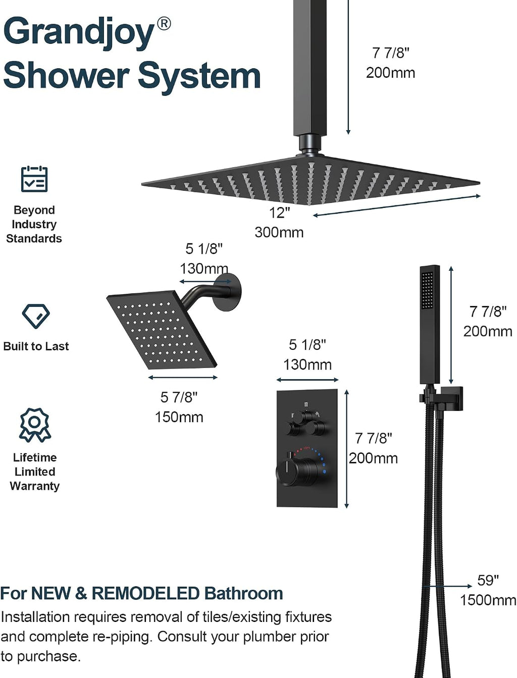 Thermostatic Shower System, 12 Inch Dual Rainfall Shower Heads for Ceilling & Wall Mounted with Handheld Sprayer, Matte Black