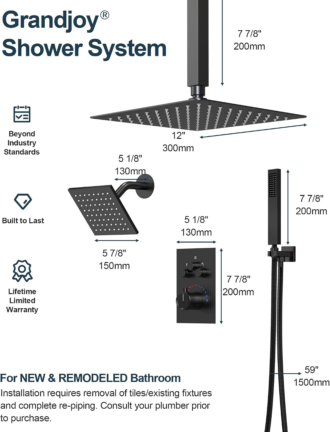 Thermostatic Shower System, 12 Inch Dual Rainfall Shower Heads for Ceilling & Wall Mounted with Handheld Sprayer, Matte Black