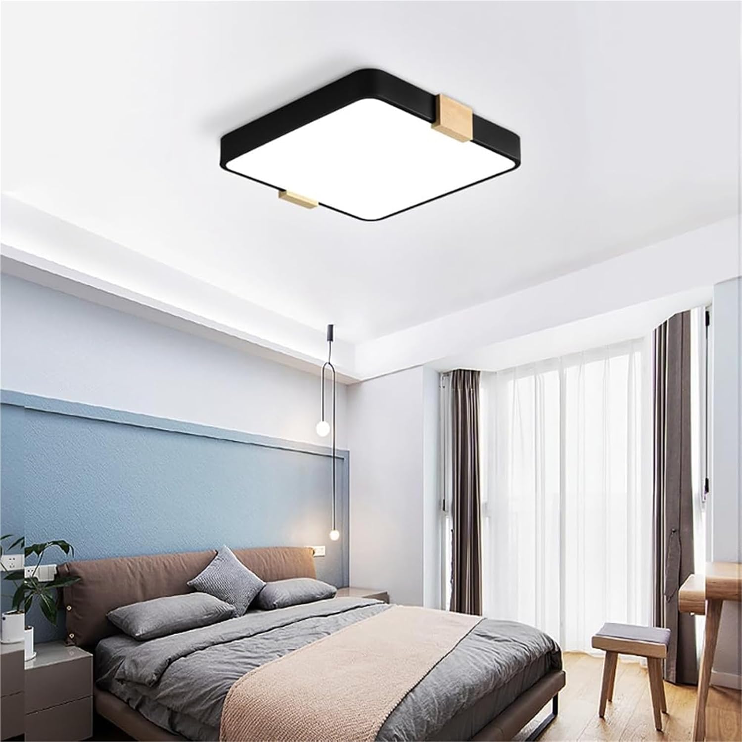 Modern Wood Ceiling Light Square LED Flush Mount Ceiling Light Minimalist Ceiling Lamp Dimmable Ceiling Lighting Fixtures for Kitchen Bedroom Bathroom(Black,15.7in)