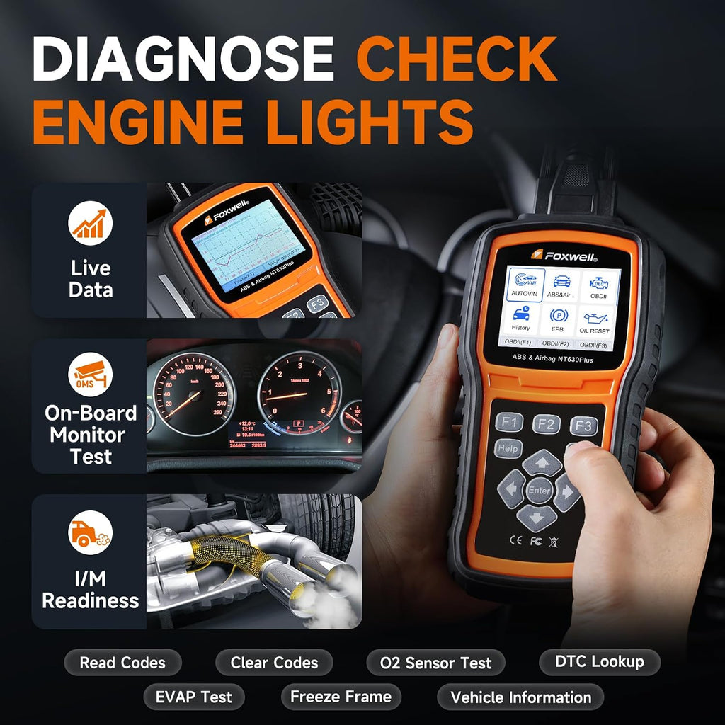 FOXWELL NT630 Plus OBD2 Scanner with ABS and SRS, Brake Code Reader with Auto Bleed, ABS Module Bidirectional Control, Oil EPB SAS Reset, Check Engine Light, Live Data, No Subscription Required