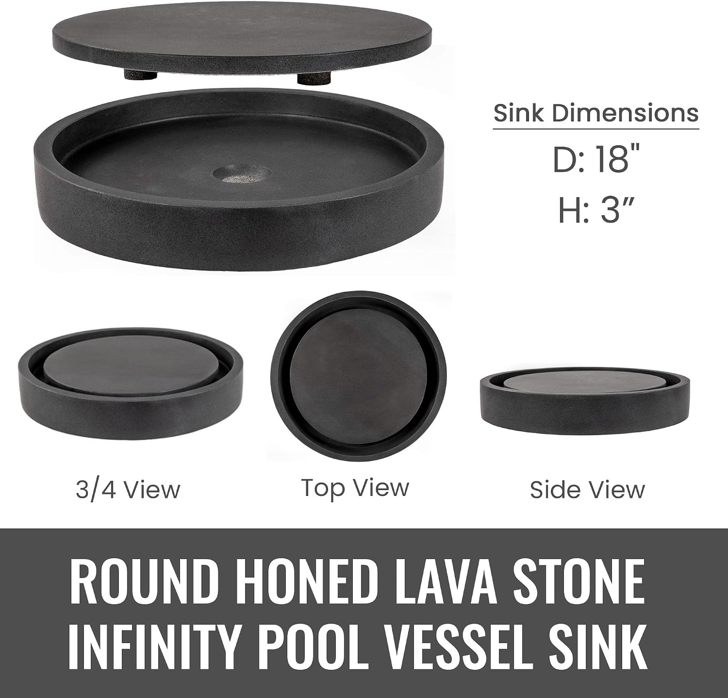Eden Bath Round Infinity Pool Vessel Sink, Honed Black Lava Stone - Stylish Bathroom Sink