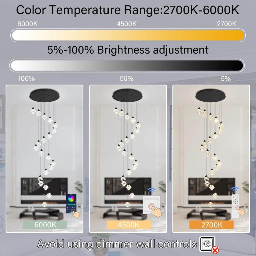 20-Light Chandelier Staircase Chandeliers for High Ceilings Crystal Chandeliers for Living Room Black Pendant Light Fixture Dimmable LED Hanging Light with Remote
