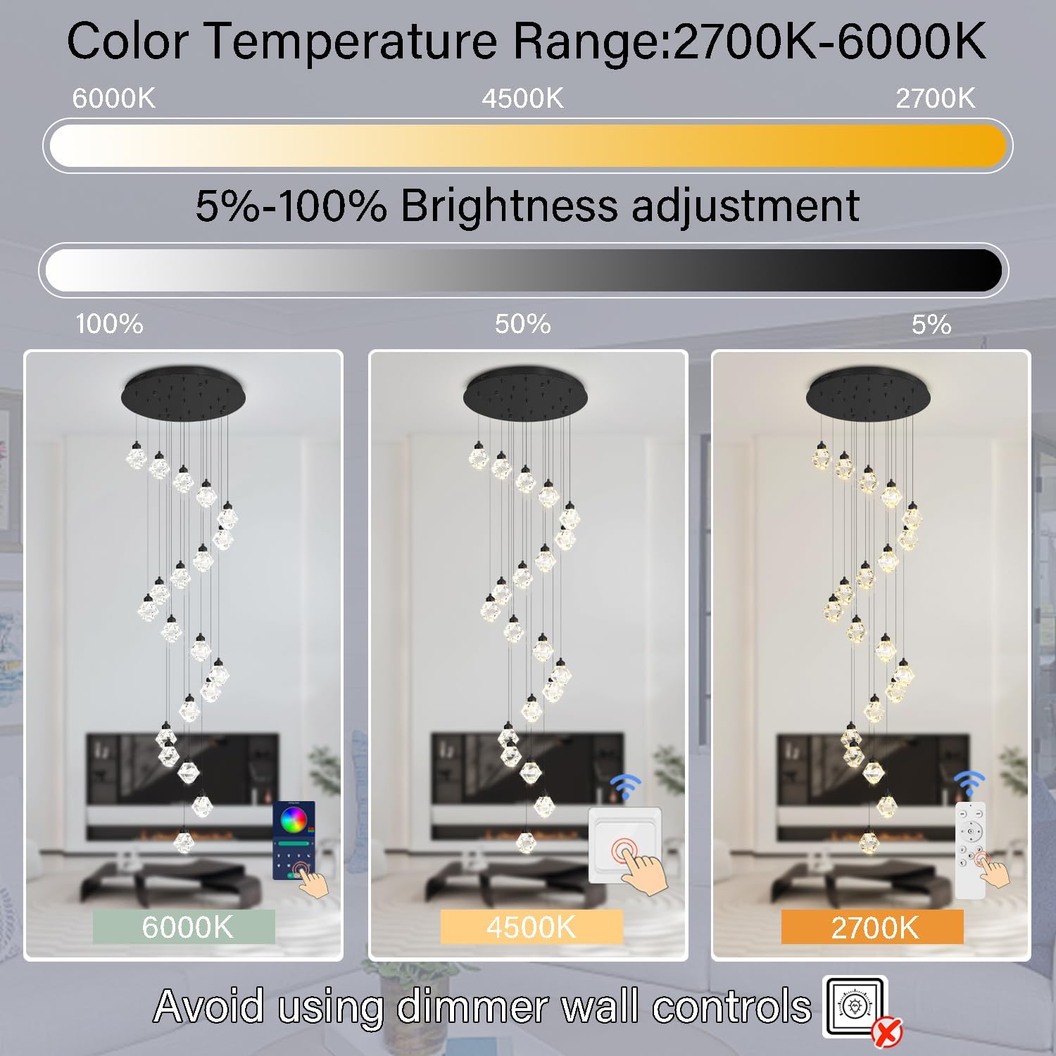 20-Light Chandelier Staircase Chandeliers for High Ceilings Crystal Chandeliers for Living Room Black Pendant Light Fixture Dimmable LED Hanging Light with Remote