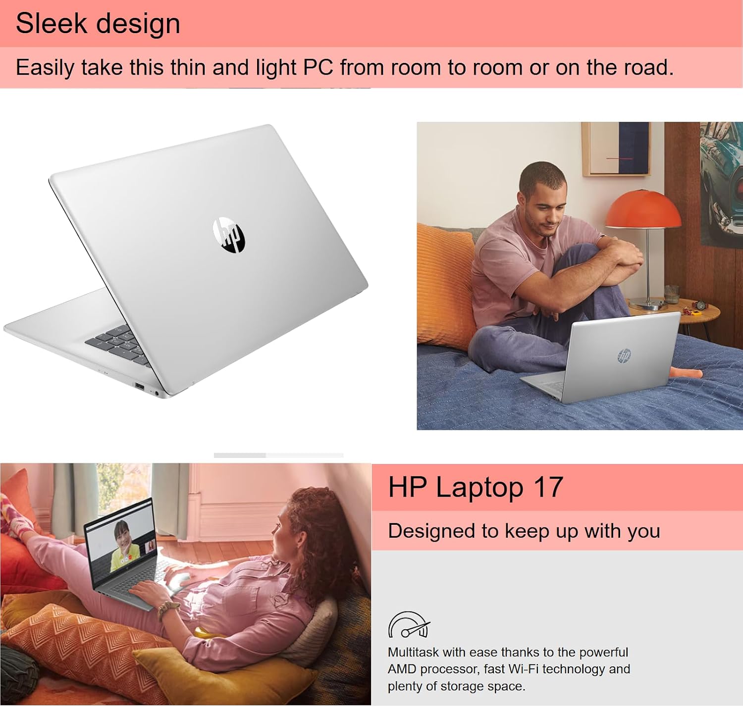 HP 17.3' FHD Laptop for Students and Business, Windows 11 Pro, AMD Ryzen 5 7430U, 1920 * 1080 Display, 16GB Memory, 512GB SSD, Webcam, Wi-Fi, Bluetooth, w/Accessories