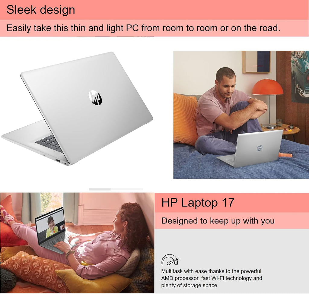 HP 17.3' FHD Laptop for Students and Business, Windows 11 Pro, AMD Ryzen 5 7430U, 1920 * 1080 Display, 64GB Memory, 1TB SSD, Webcam, Wi-Fi, Bluetooth, w/Accessories