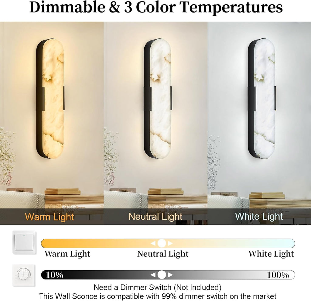 Alabaster Wall Sconces 20' LED Tunable 3000K~6000K Bathroom Vanity Wall Lights Vintage Natural Marble Wall Lamp Black Alabaster Wall Lighting Fixtures for Bedroom Hallway Living Room