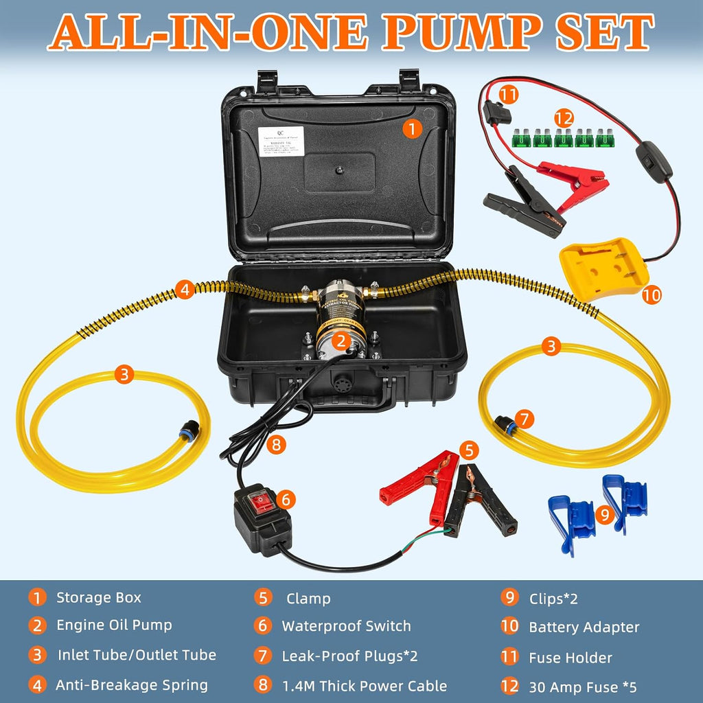12V/24V 100W Oil Change Pump Set, Fast 1-4L/min Flow Oil Transfer Pump with Yellow Battery Adapter Compatible with DEWALT 20V/18V Battery, Fluid Transfer for Trucks, Boats, Lawnmowers