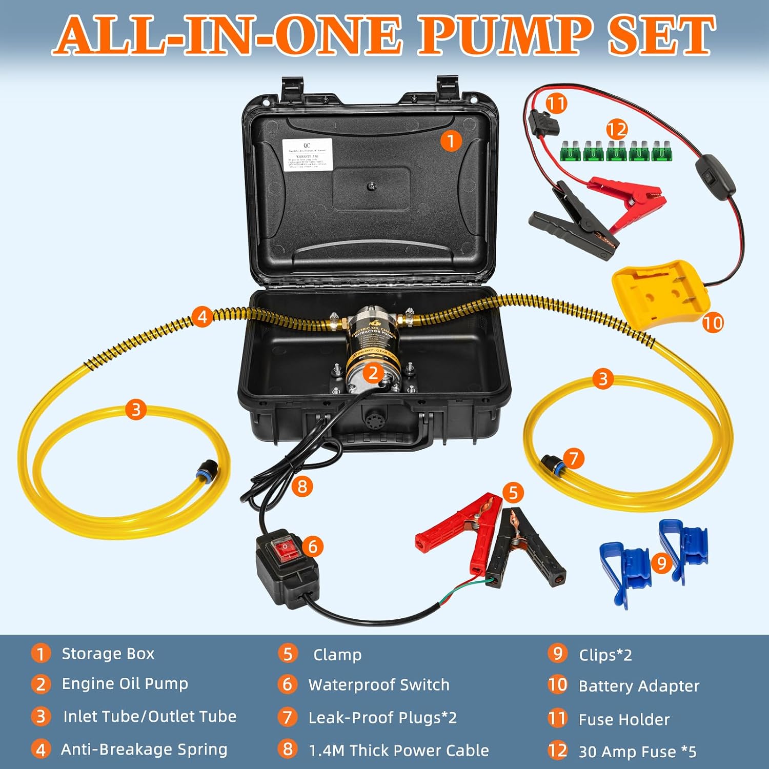 12V/24V 100W Oil Change Pump Set, Fast 1-4L/min Flow Oil Transfer Pump with Yellow Battery Adapter Compatible with DEWALT 20V/18V Battery, Fluid Transfer for Trucks, Boats, Lawnmowers