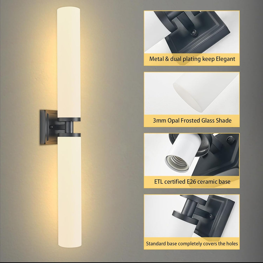 Black Wall Sconces Set of Two, 32 Inch Bathroom Sconces with Frosted Glass, Modern Sconces Wall Light Fixtures for Bathroom Mirror Living Room Bedroom Hallway (Bulbs Not Included)