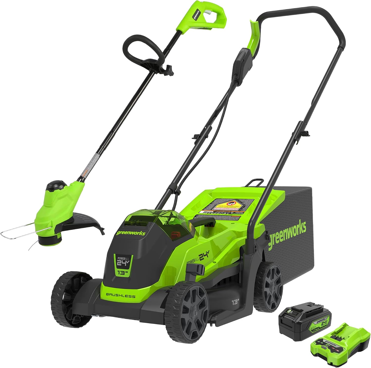 Greenworks 24V 13' Brushless Lawn Mower, String Trimmer, 4.0Ah USB Battery and Charger Included