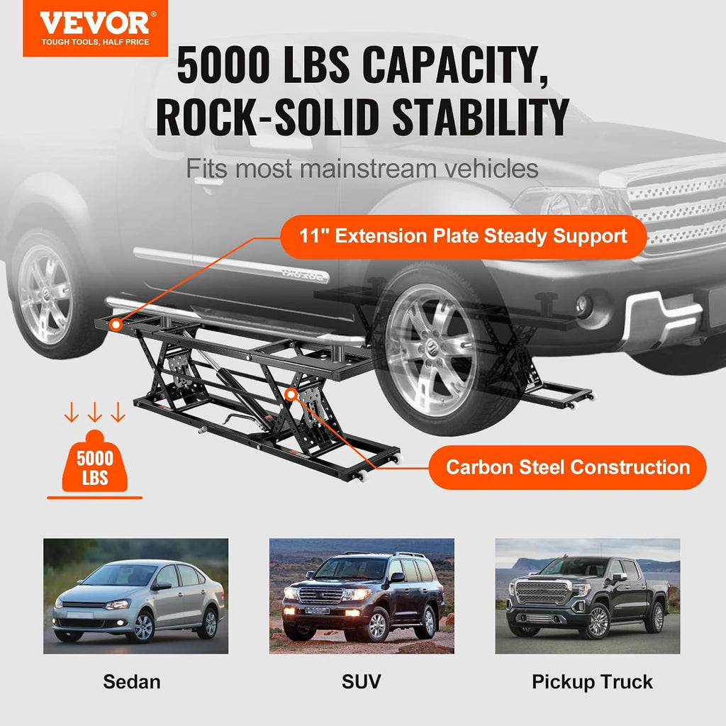 VEVOR Portable Car Lift - 5,000 LBS Capacity, Extended-Length Plates, 25.6' Max. Height, Heavy-Duty Carbon Steel Truck Lift with 120V Power Unit