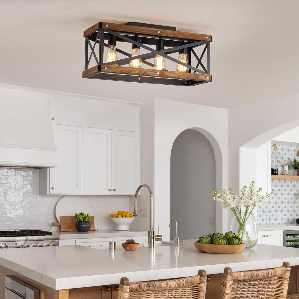 4-Light Large Rustic Farmhouse Wood Flush Mount Ceiling Light Fixture 23.6 inch Oak Wood and Metal Rectangular Track Semi Flush Mount Ceiling Light for Kitchen Living Room Bedroom Indoor, Black