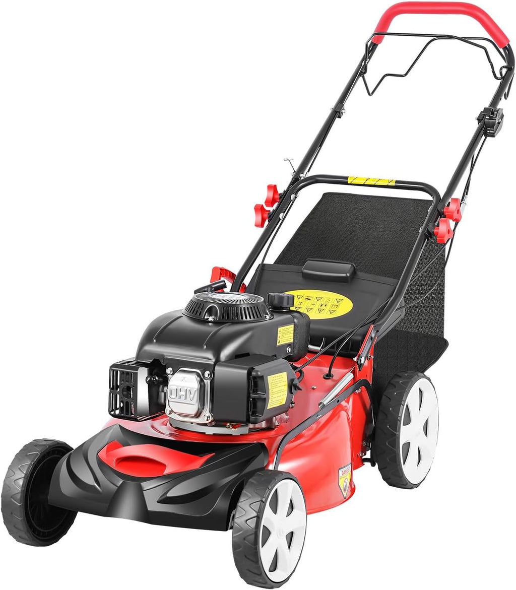 Self Propelled Gas Lawn Mower, 4-Stroke 140CC 5HP OHV Gasoline Lawn Mowers 3-in-1 Multifunctional Push Mowing Single Cylinder Mulching Lawnmower w/8 Gears Height Adjustments for Urban Gardens, Villas
