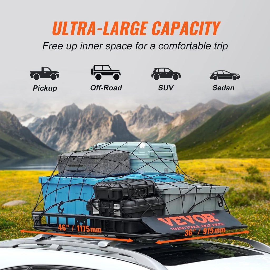 VEVOR Roof Rack Cargo Basket, 46' x 36' x 4.5' Rooftop Cargo Carrier, Heavy-Duty 200 LBS Capacity Universal Roof Rack Basket, Luggage Holder for SUV, Truck, Vehicle