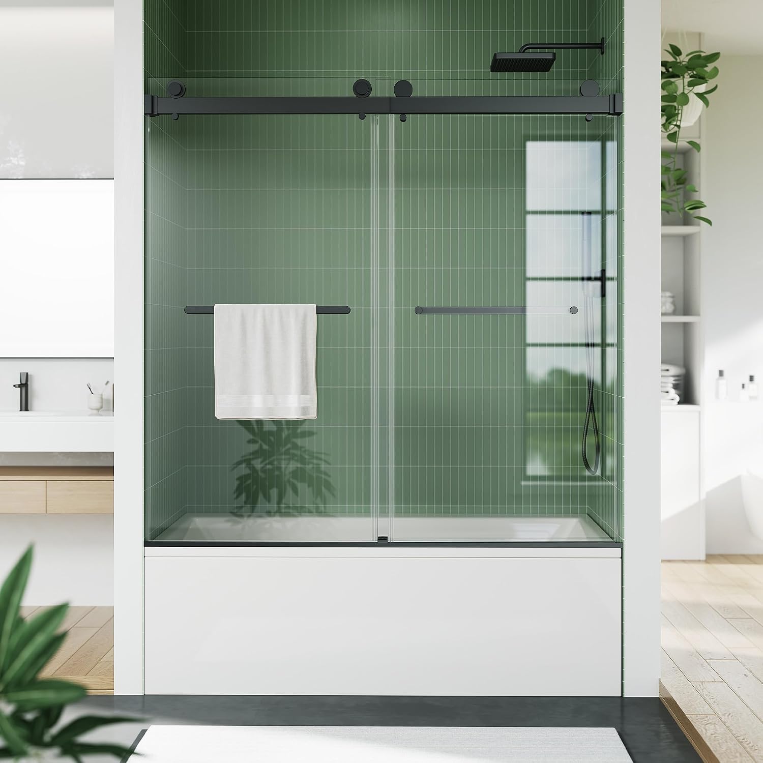 Bathtub Shower Door Glass Sliding 60 Inches,56-60' W x 59' H Frameless Dual Sliding Shower Glass Doors, 6mm Tempered Glass with Stainless Steel Square Rail for Modern Bathroom Matte Black