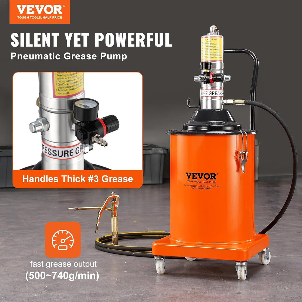 VEVOR Grease Pump, 5 Gallon Air Grease Pump with 13 ft High Pressure Hose and Grease Gun, 20L Pneumatic Grease Pump with Wheels, Portable Lubrication Grease Pump
