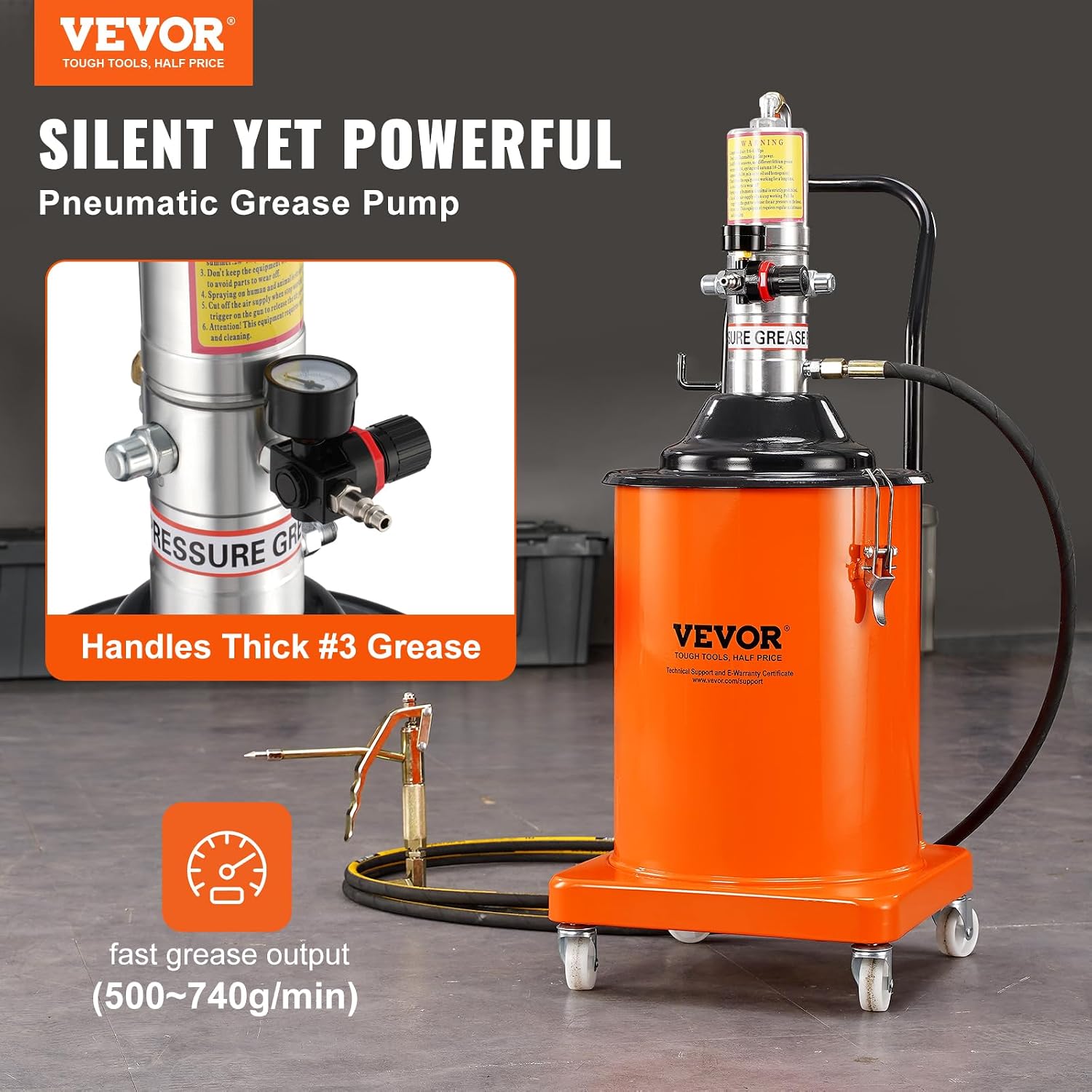 VEVOR Grease Pump, 5 Gallon Air Grease Pump with 13 ft High Pressure Hose and Grease Gun, 20L Pneumatic Grease Pump with Wheels, Portable Lubrication Grease Pump