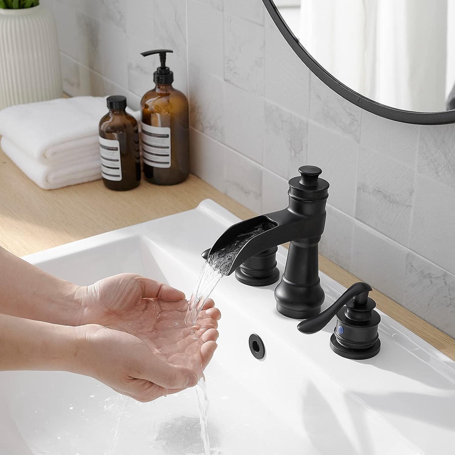 Matte Black Bathroom Faucet 3 Hole or 8 Inch Widespread Tap, 2 Handle Brass Waterfall Faucet for Bathroom Sink 3 Hole Mounted with Pop-up Drain and Supply Line
