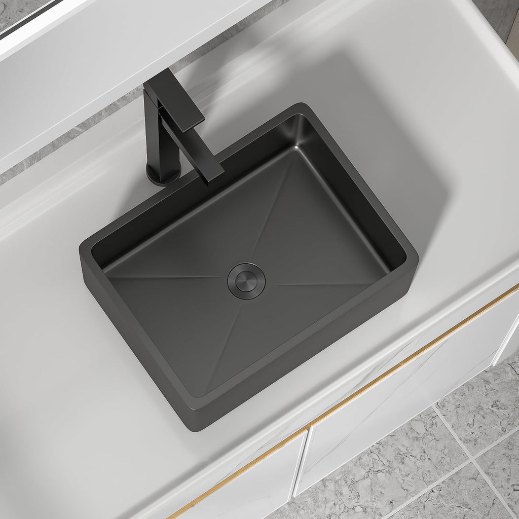 16'x12' Bathroom Vessel Sink Rectangular - Gunmetal Black NANO-PVD, 16 Gauge 304 Stainless Steel, Above Counter Rectangle Modern Vanity Lavatory Bath Sink Basin