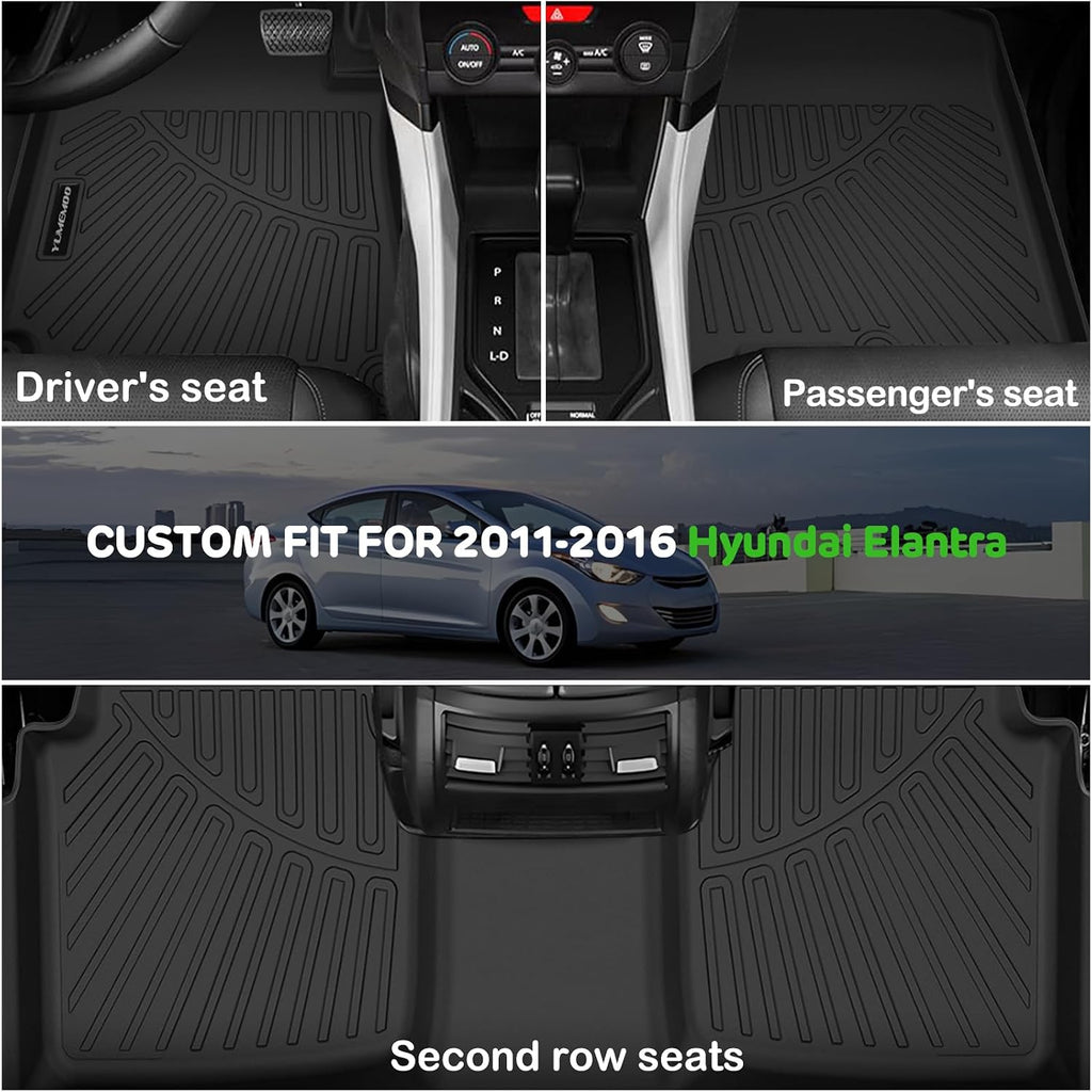 Floor Mats for 2011-2016 Hyundai Elantra Upgrade Trunk Mat All Weather TPE Floor Liners Fit for Hyundai Elantra 1st & 2nd Row and Cargo Liner Anti-Slip Full Set Car Mats(Not Fit GT or Touring Models)