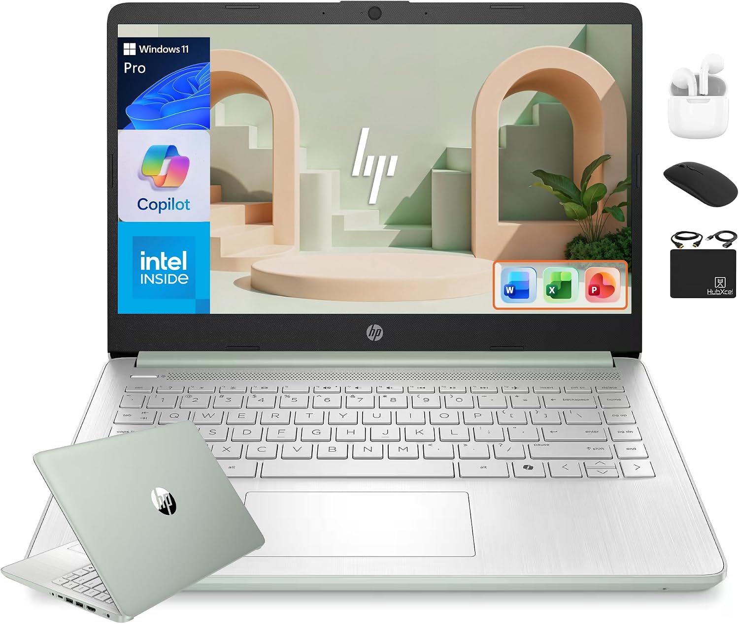 HP 14' Flagship Laptop 2025 AI-Powered Computer, Office Lifetime, Student Business, 4-Core Intel CPU, 16GB RAM 628GB Storage (128GB UFS+ 500GB Ext), Long Battery HubxcelAccessory Win 11 Pro Green