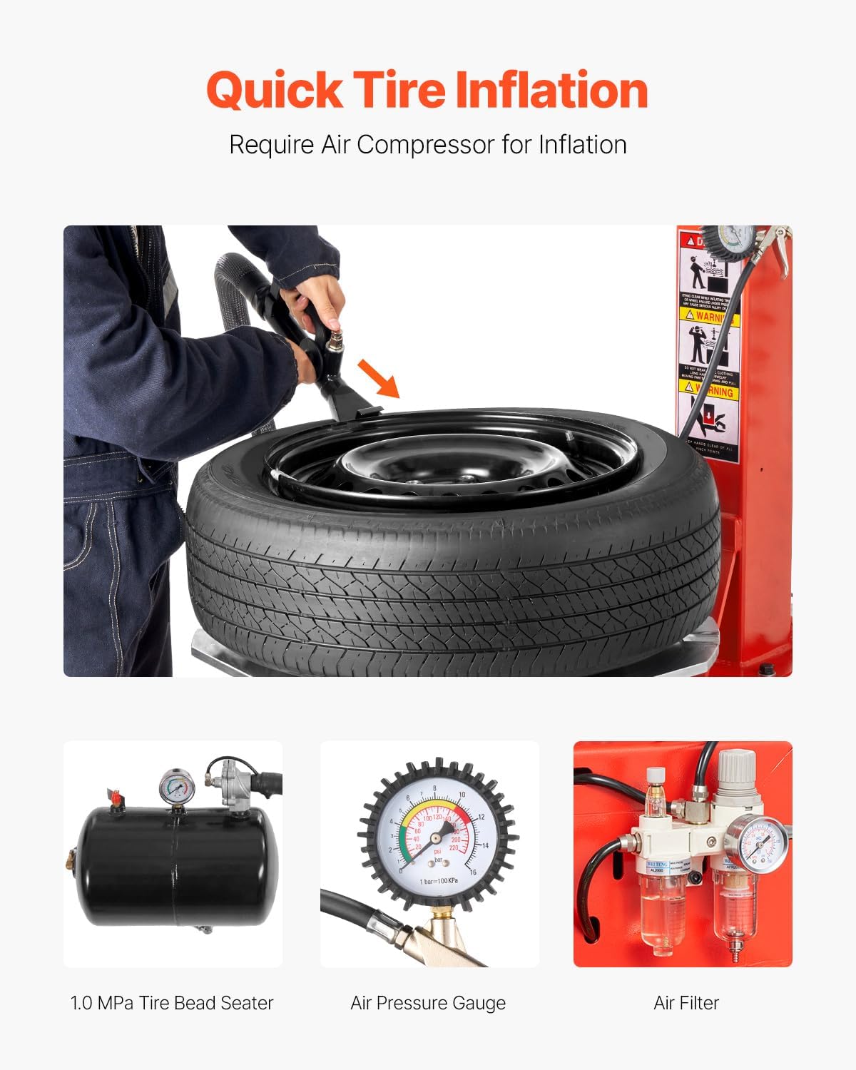VEVOR Tire Changer Machine, 2.0HP Copper Motor, Durable Tire Changer with Air Pressure Gauge & Pneumatic Assist Arm, Pedal Operated Tire Changer with Thickened Chuck, Fit for Sedan/SUV/Pickup Truck