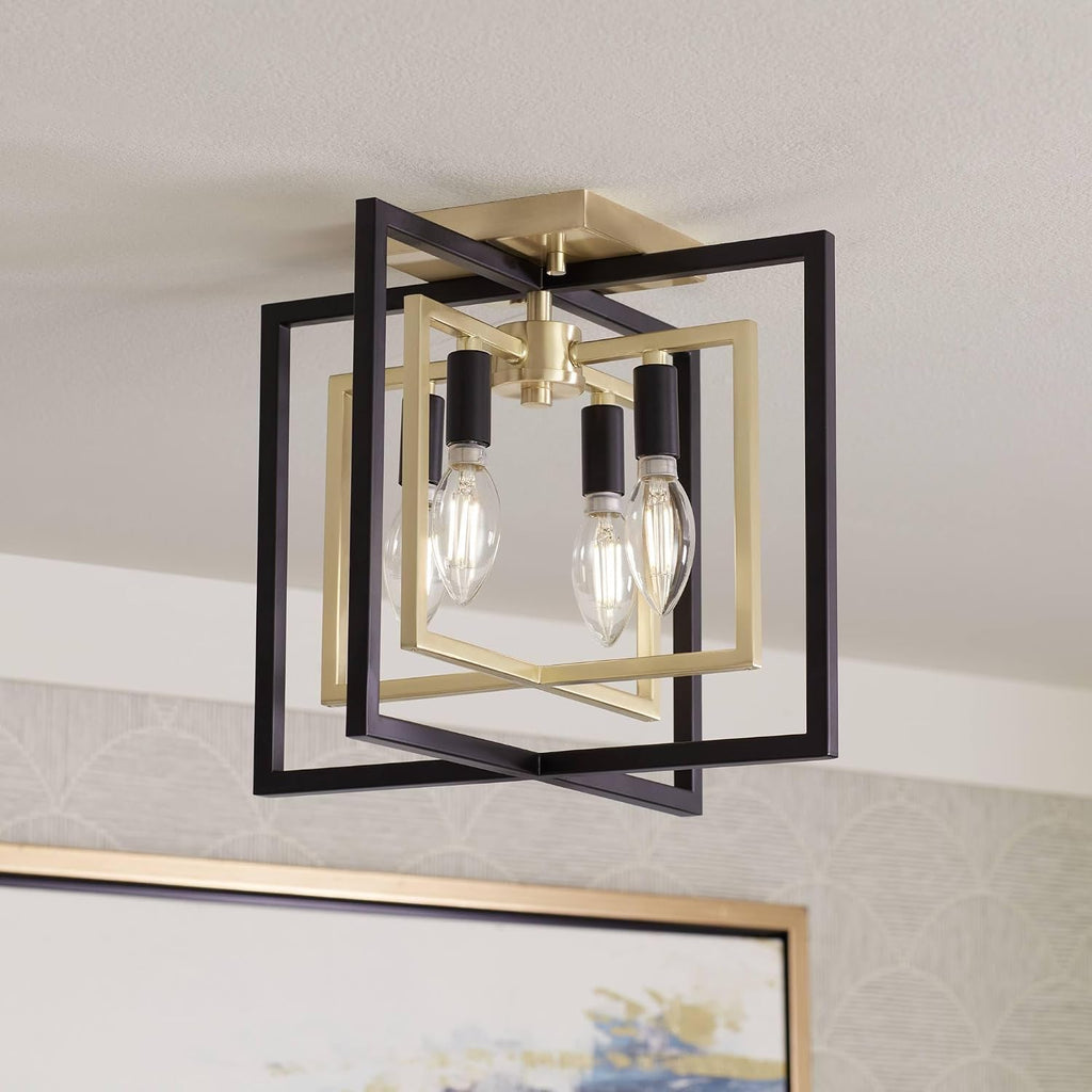 Possini Euro Design Nima Modern Glam Ceiling Light Semi Flush-Mount Fixture Black Gold 13' 4-Light Open Metal Frame for Bedroom Kitchen Living Family Room Hallway Dining Bathroom House Decor