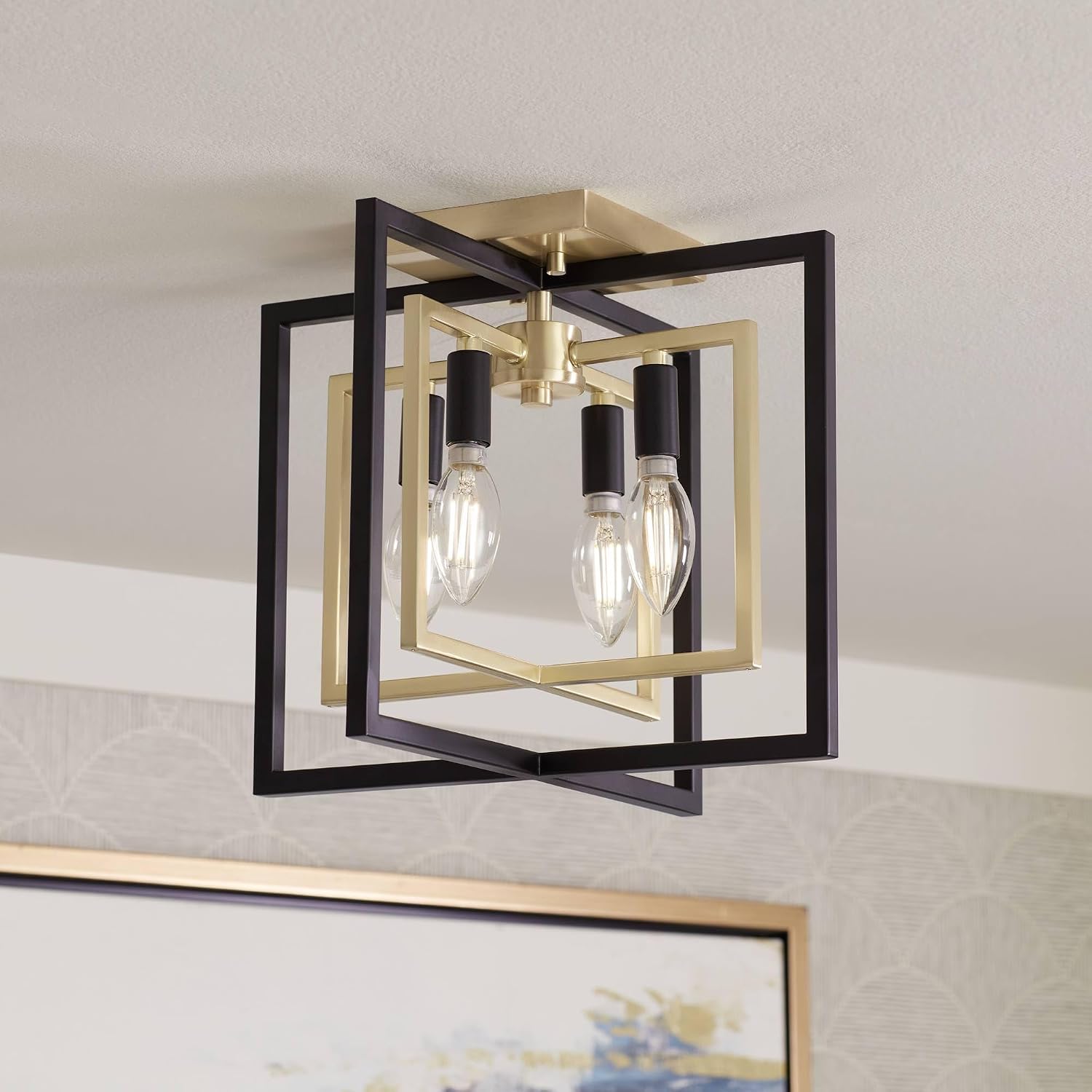 Possini Euro Design Nima Modern Glam Ceiling Light Semi Flush-Mount Fixture Black Gold 13' 4-Light Open Metal Frame for Bedroom Kitchen Living Family Room Hallway Dining Bathroom House Decor